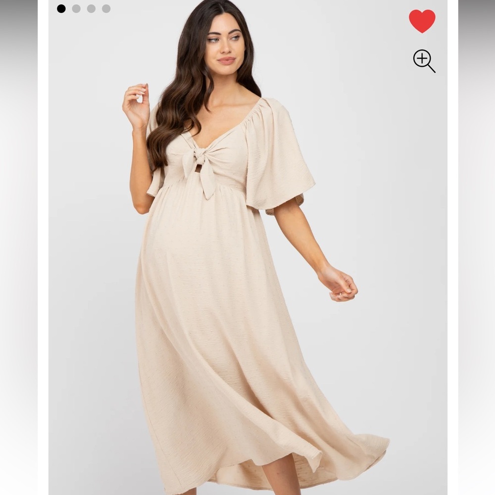 Beige Textured Dot Front Tie Ruffle Sleeve Maternity Midi Dress